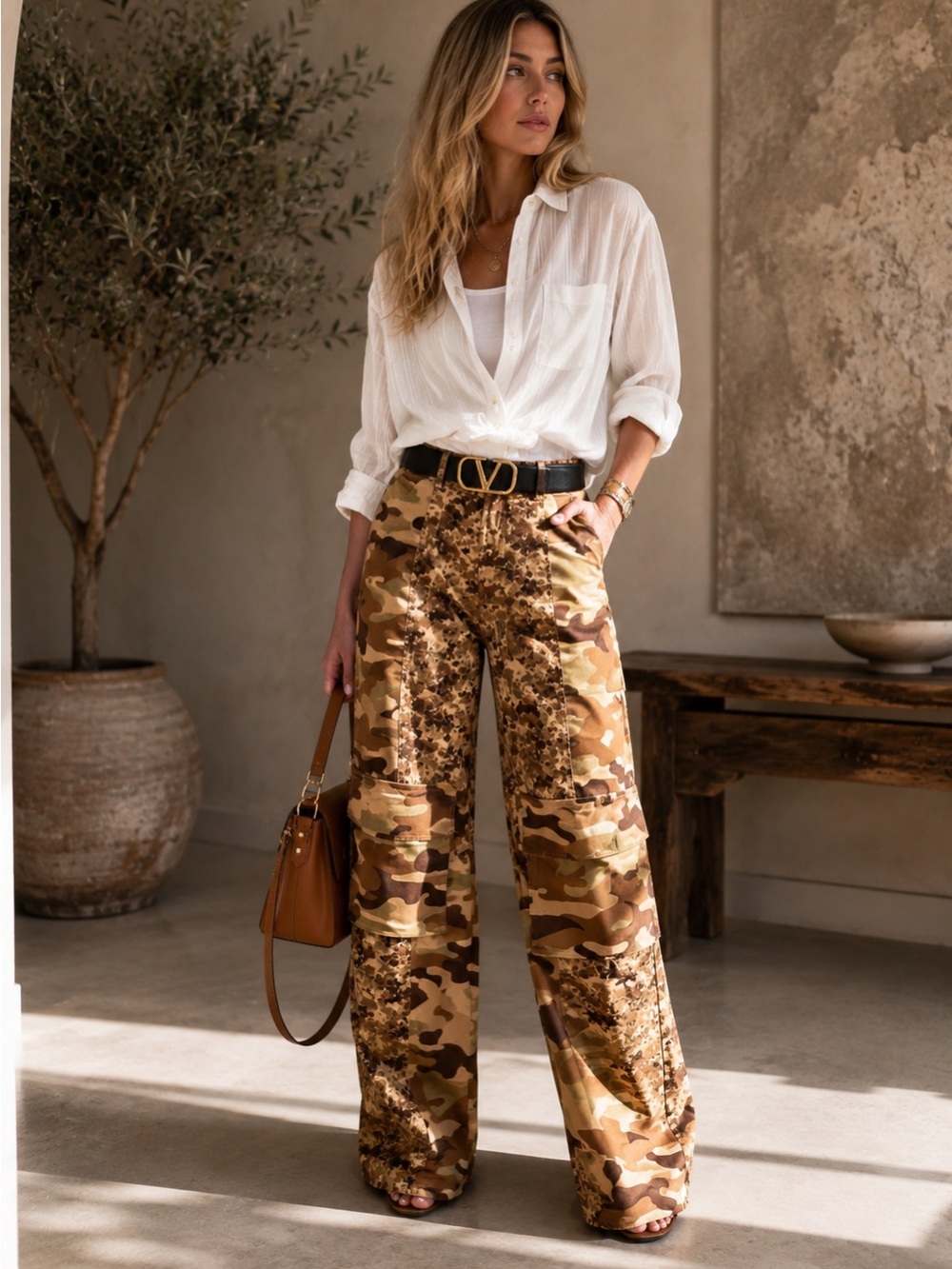 ShopEvelynne Beige & Brown Camo Wide Leg Pants